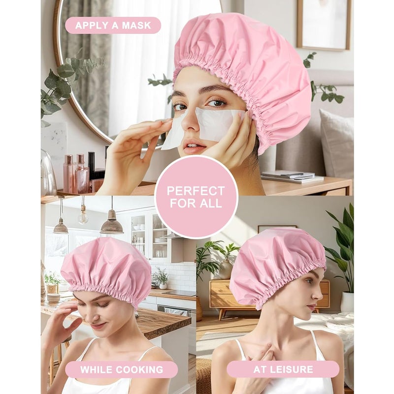 CHFONG Shower Cap for Women, Double Layer Waterproof Bath Cap, Reusable Hair Protector, Large Waterproof Shower Bonnet Washable Elastic Band Bath Hair Hat for Long Hair, Braids， - Pink - Image 3